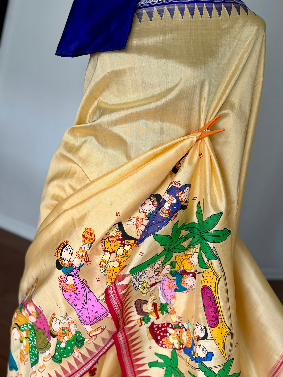 Warm pale yellow Odia Vivaha Pattachitra Berhampuri Pure Silk Saree – Ganga Jamuna Border