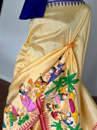 Warm pale yellow Odia Vivaha Pattachitra Berhampuri Pure Silk Saree – Ganga Jamuna Border