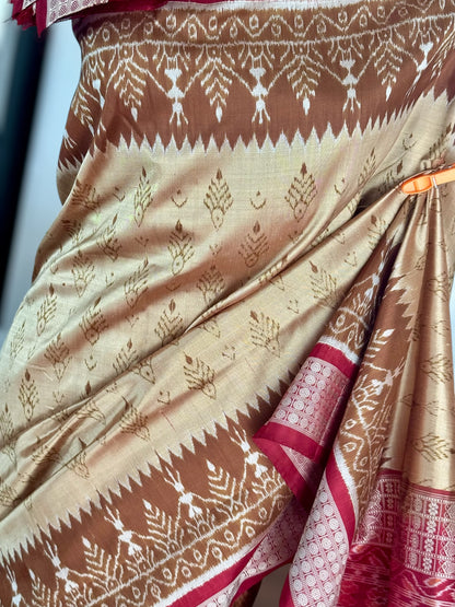 Golden baige and maroon-ish red handwoven Sambalpuri pure Ikkat silk saree | Odisha Weaves