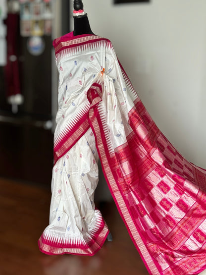 Gorgeous Bomkai pure Silk Saree in white and pink combination with Doll motif pallu