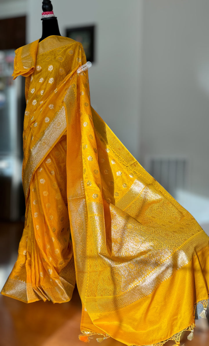 Banarasi Semi Mashru Silk Yellow color Saree|Value Vogue