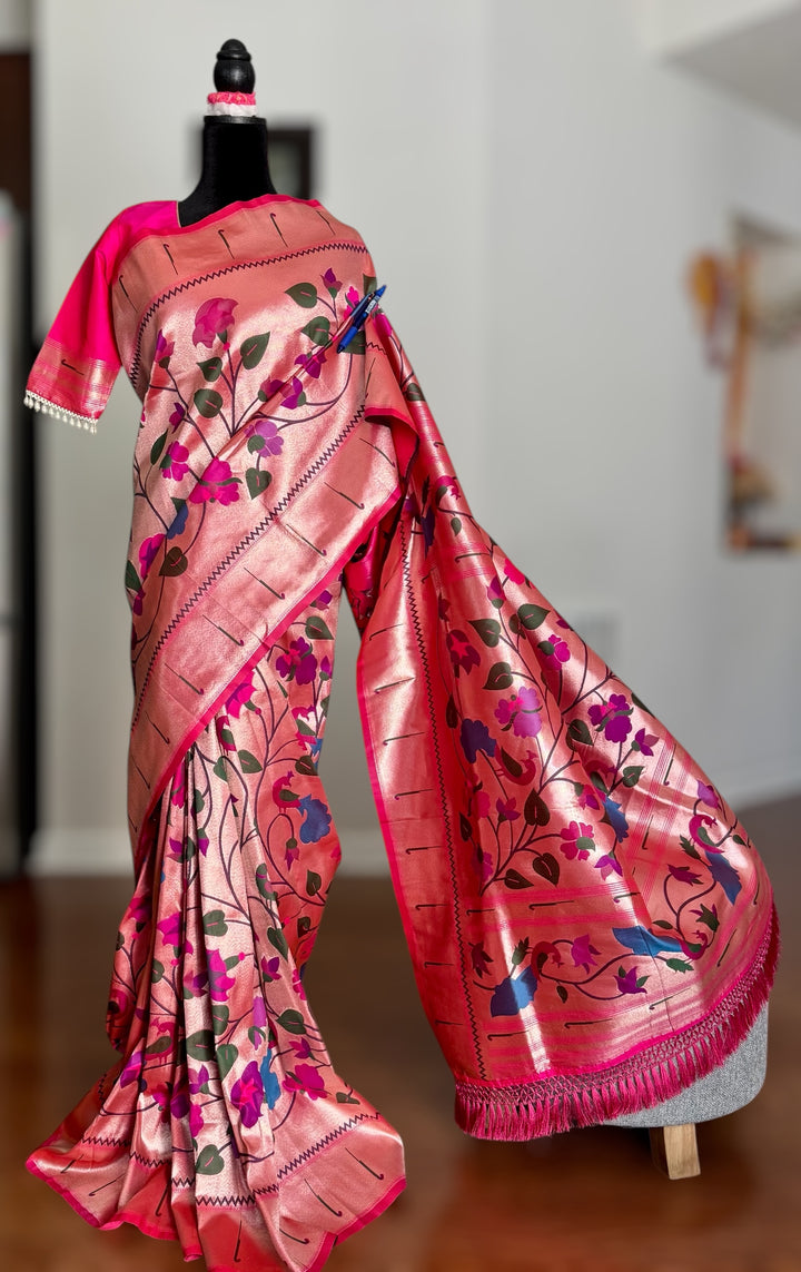 Pink color paithani inspired brocade saree with stitched blouse| Value Vogue