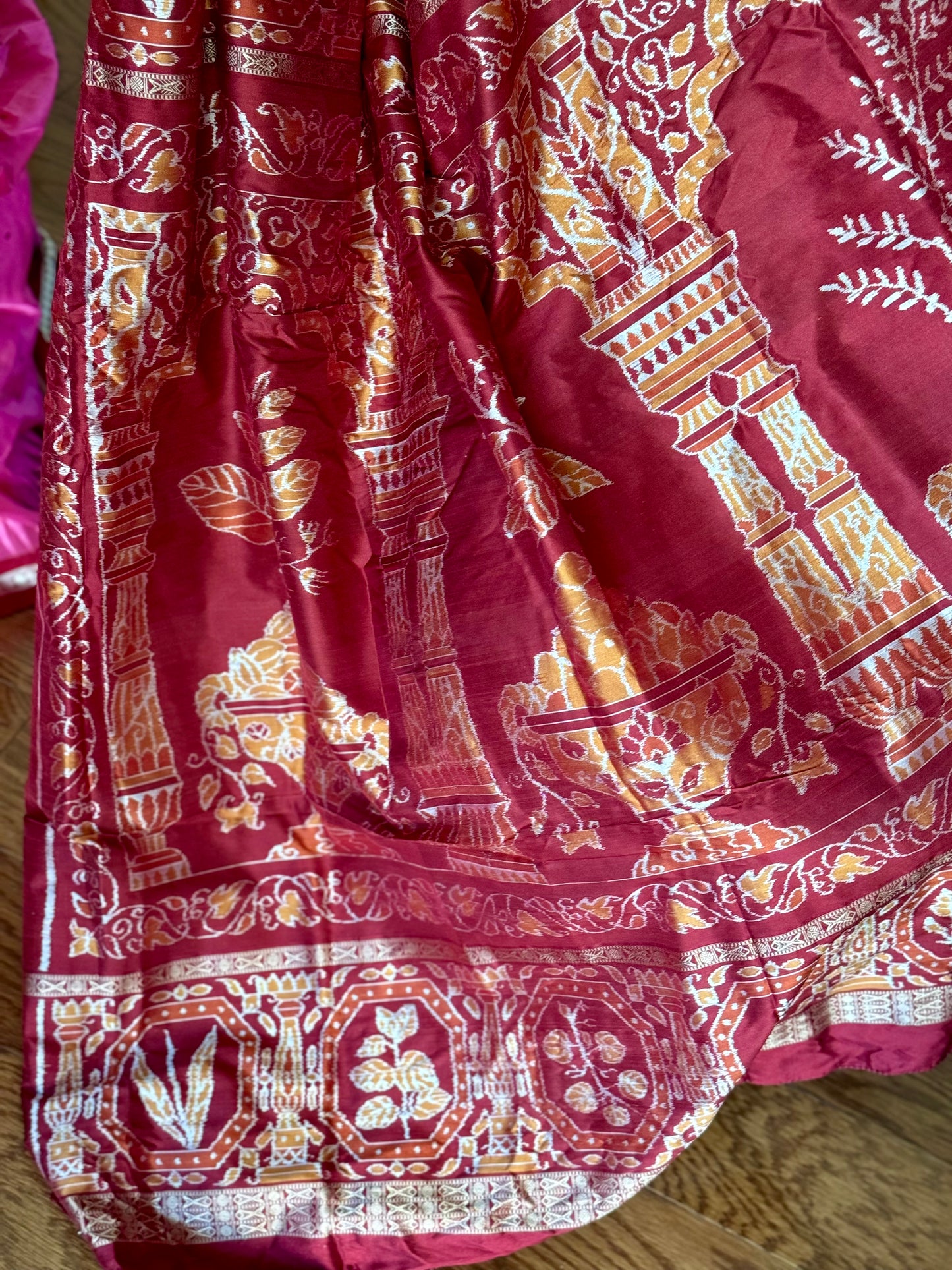 Pink Sambalpuri Ikat Pure Silk Saree with “Triphala” Ikat Pallu and Maroon Border