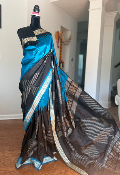 Beautiful Black and blue Handwoven Bomkai Pure Silk Saree –  from Odisha Weaves