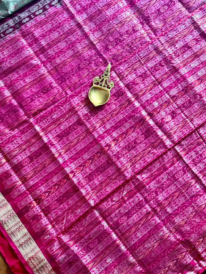 Grey with pink Hajar buti Sambalpuri Ikat pure silk Saree from Odisha Weaves