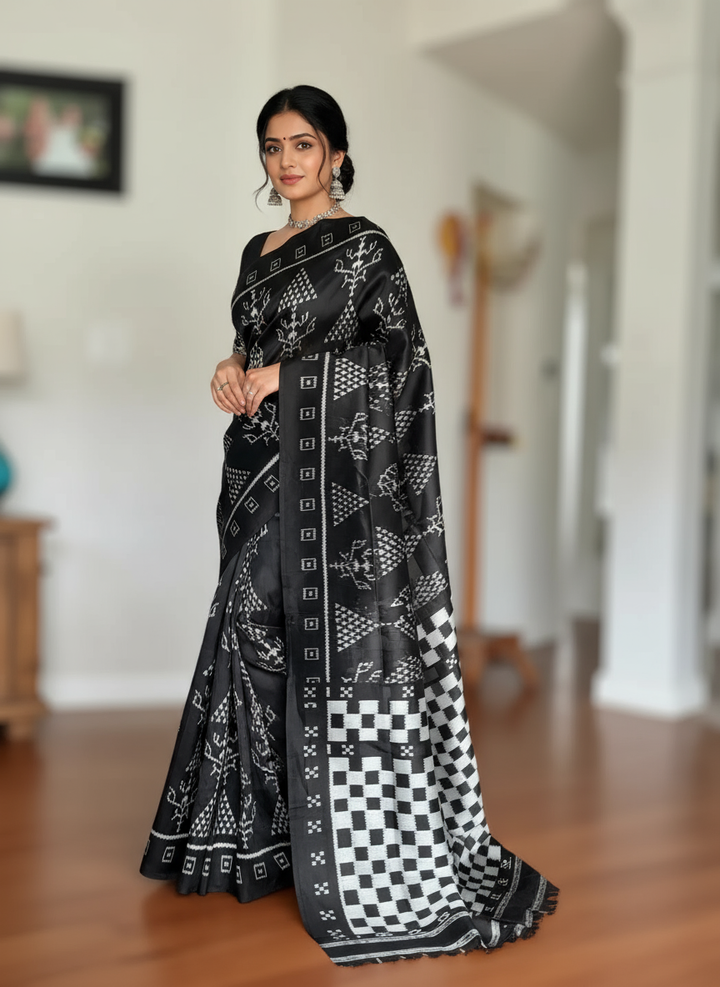 Handwoven Black contemporary ikat Silk Saree from Odisha|Mishrita