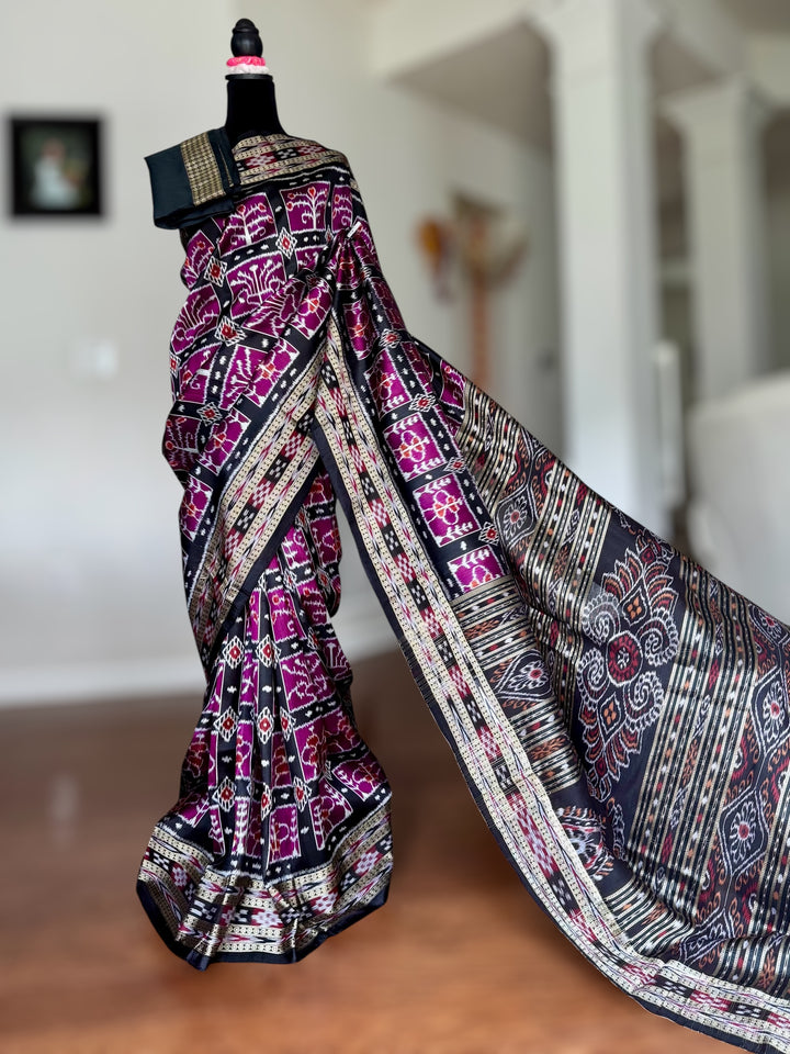 Handwoven Pure Silk ikat Khandua Saree Magenta|Mishrita |Odisha Weaves