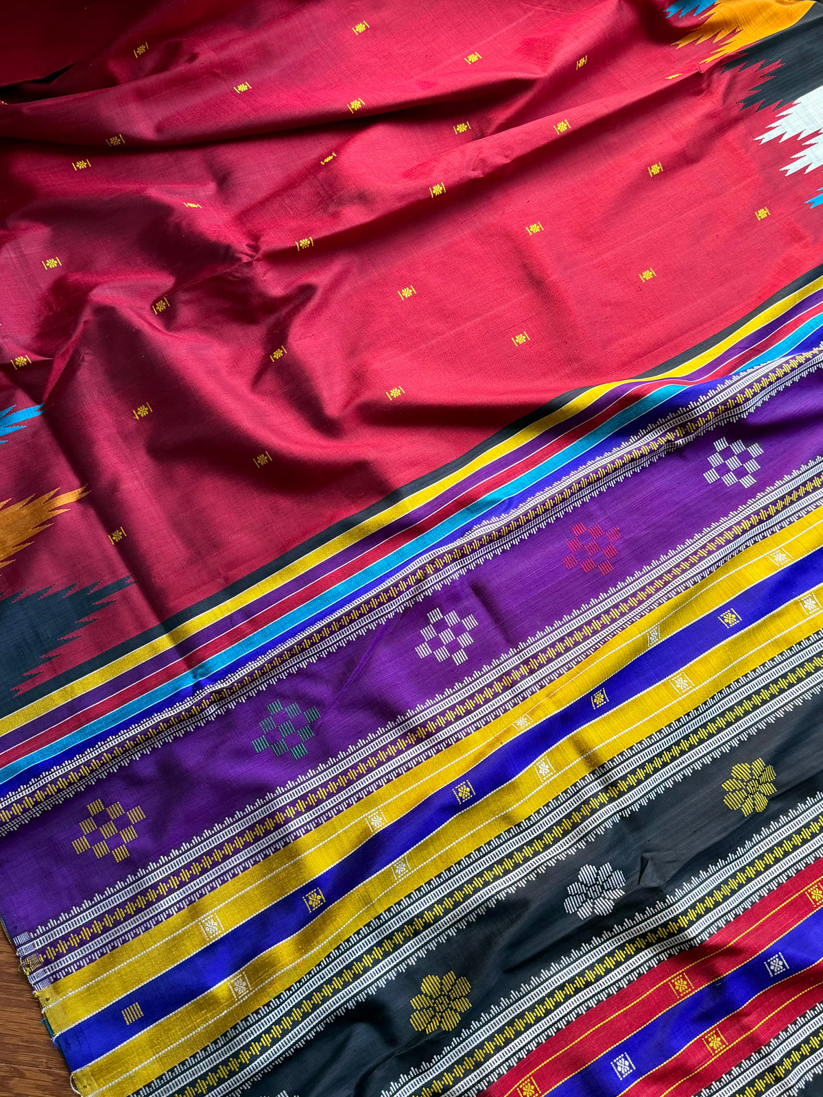 Maroon Berhampuri Pure Silk Saree with multi color Double pallu