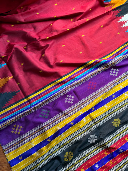 Maroon Berhampuri Pure Silk Saree with multi color Double pallu
