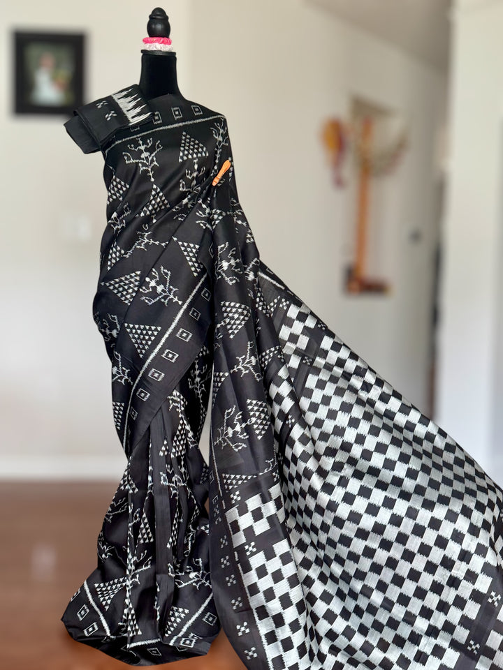 Handwoven Black contemporary ikat Silk Saree from Odisha|Mishrita