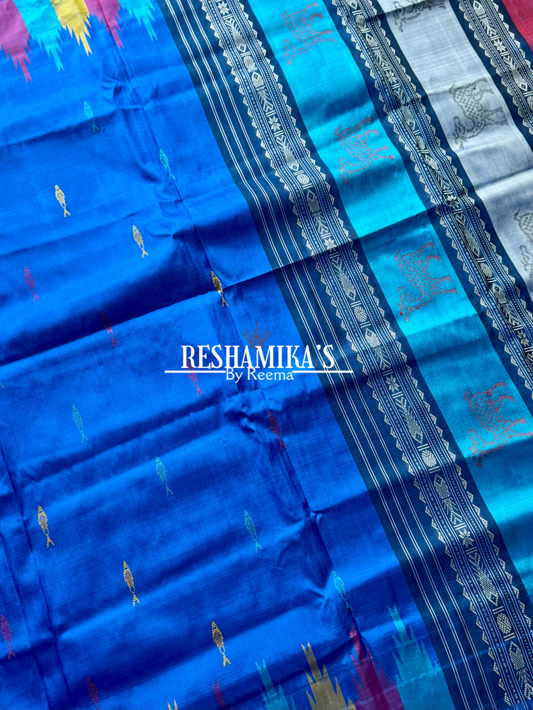 Blue Berhampuri Pure Silk Saree with multi color animal motif Double pallu