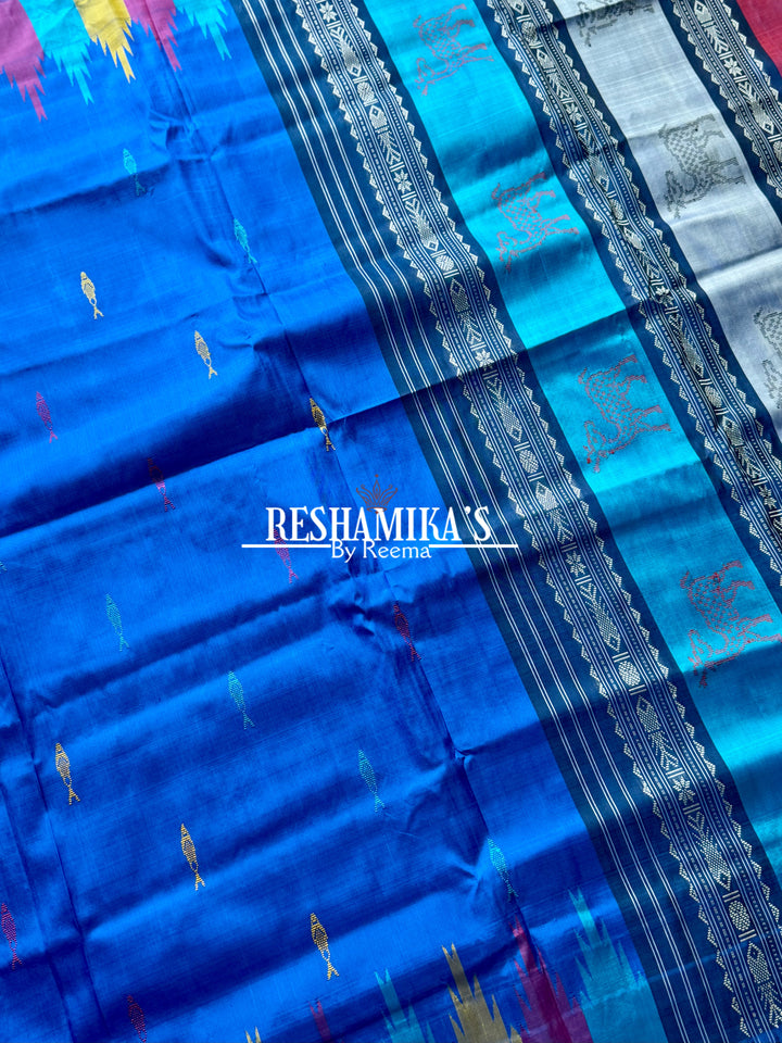 Blue Berhampuri Pure Silk Saree with multi color animal motif Double pallu