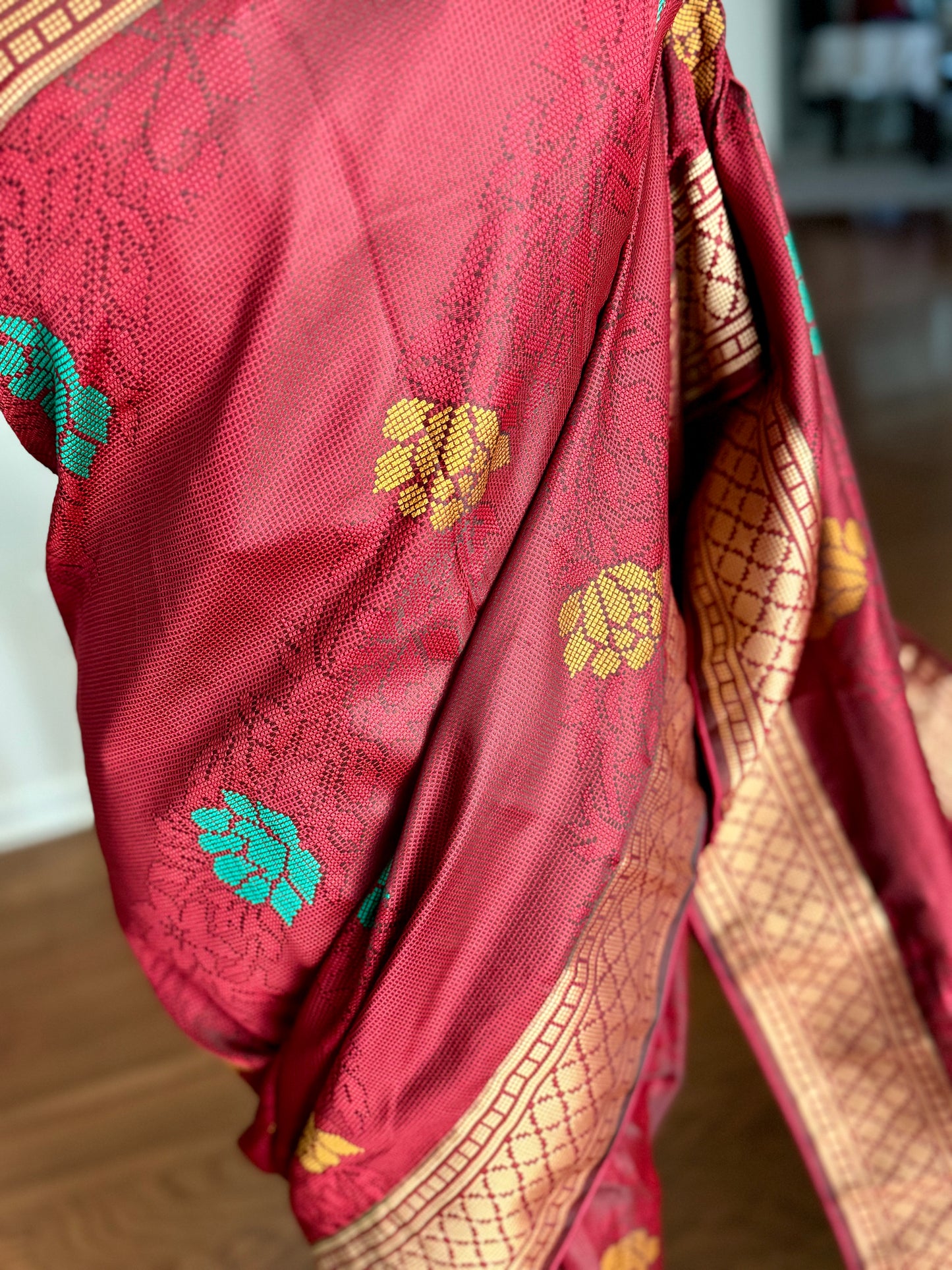 Lovely rust red designer weaved and textured saree with stitched blouse| Value Vogue