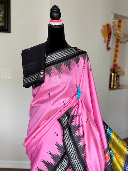 Onion pink traditional weaving Berhampuri colorful Single pallu Pure Silk Saree