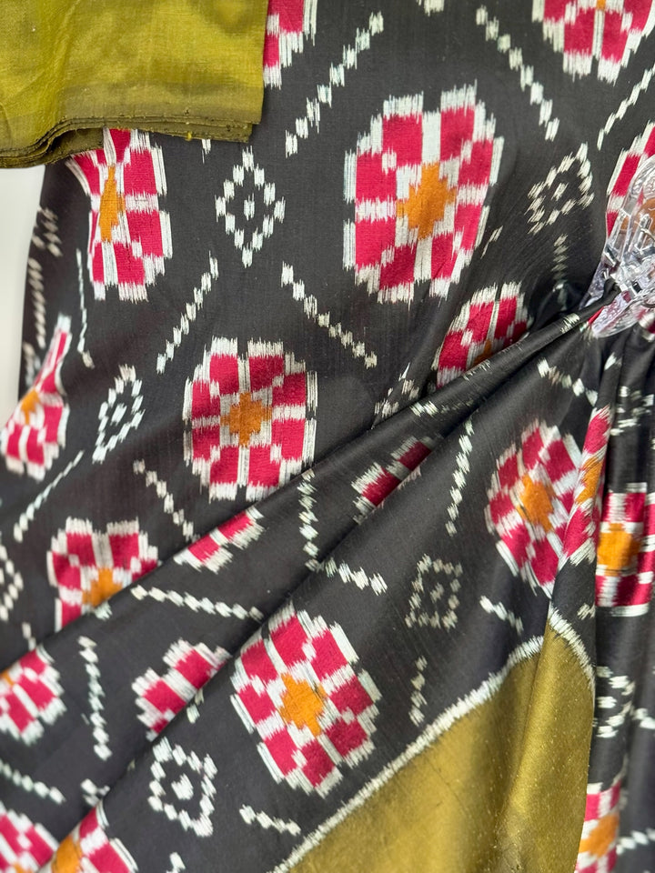 Black color handwoven ikat pure silk saree with Baghambari motif|Odisha Weaves|Contemporary Ikat|