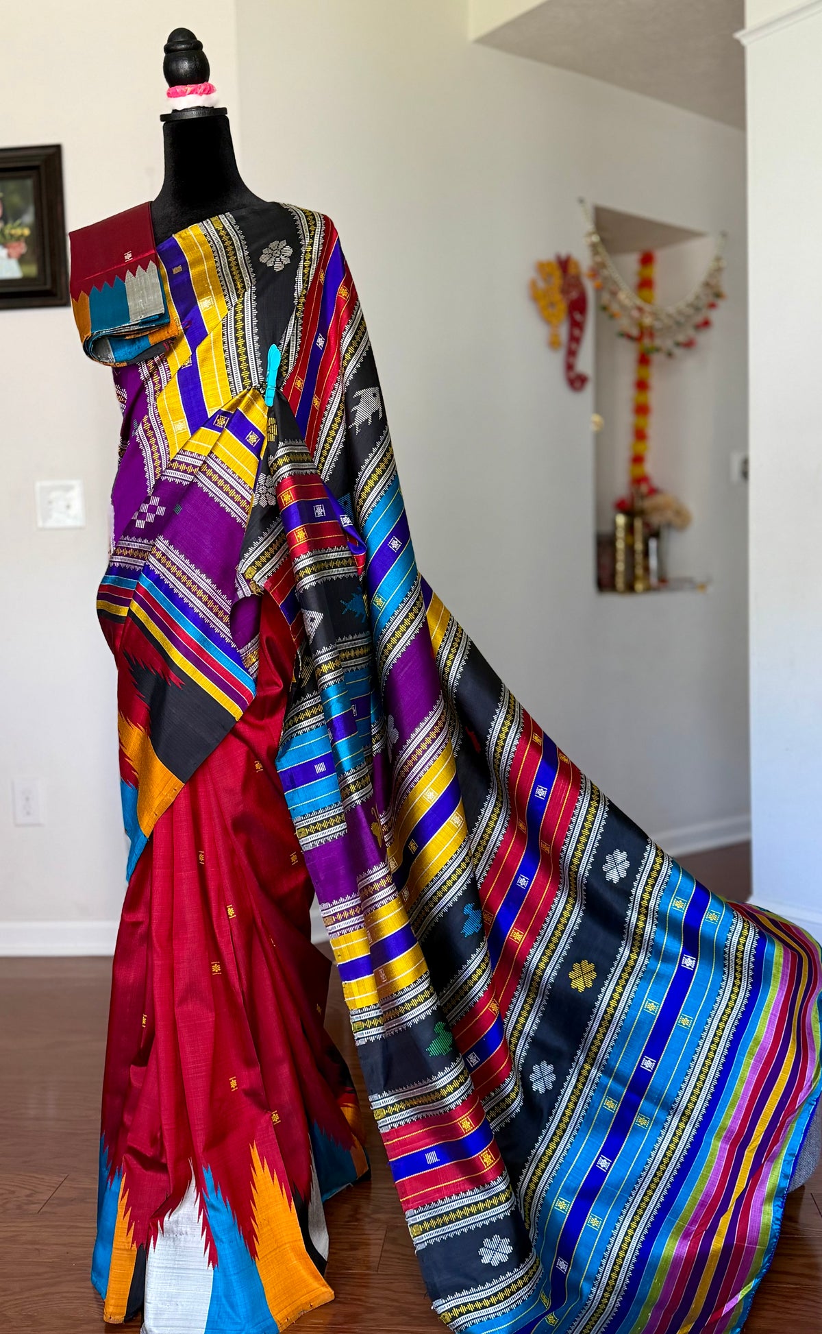 Maroon Berhampuri Pure Silk Saree with multi color Double pallu