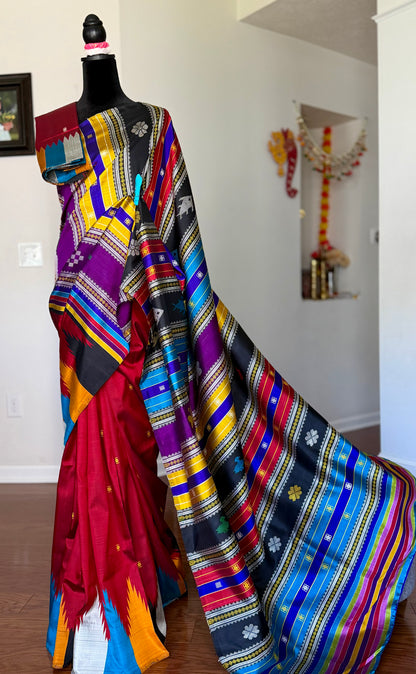 Maroon Berhampuri Pure Silk Saree with multi color Double pallu