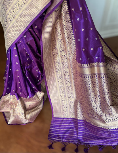 Exquisite piece of Banarasi handloom katan pure silk saree in purple