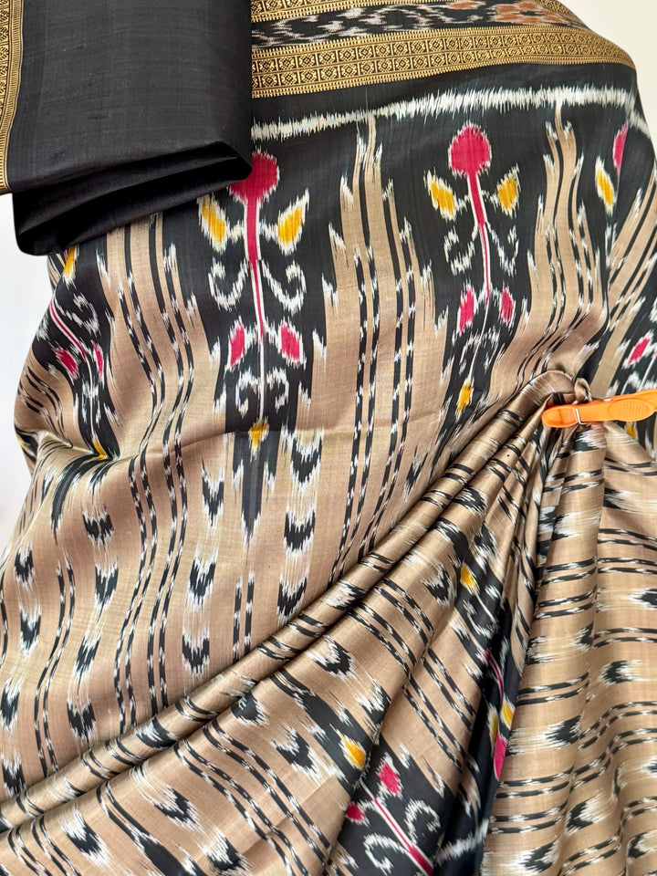 Handwoven Pure Silk ikat Khandua Saree Beige-Gold|Mishrita |Odisha Weaves