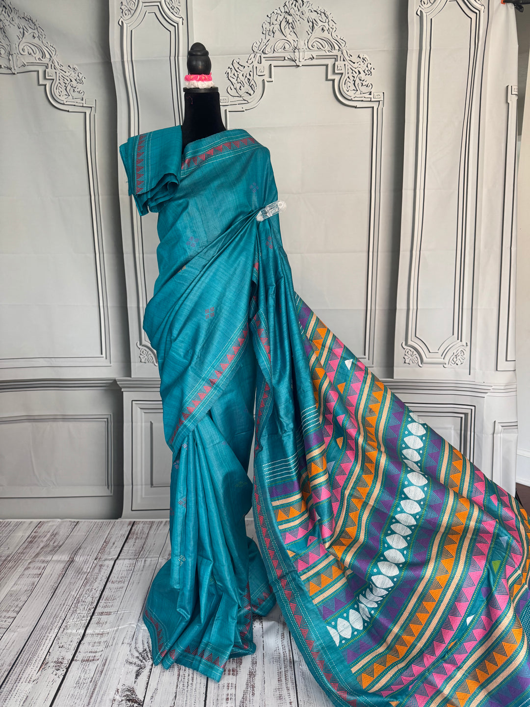 Teal Blue Gopalpur handwoven pure Tussar silk saree with Dongria pallu|Odisha weaves