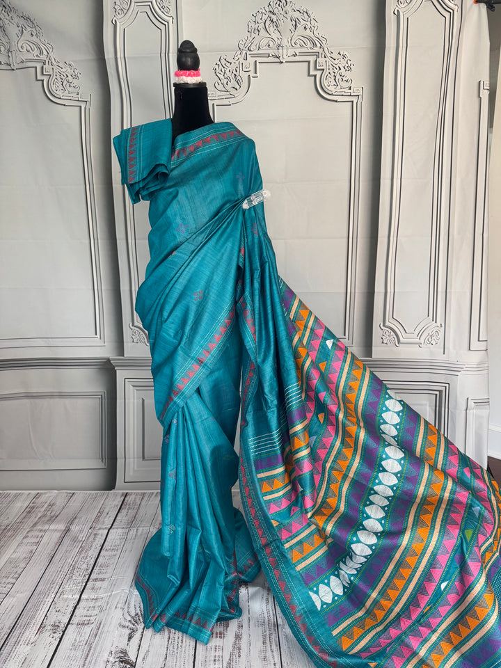 Teal Blue Gopalpur handwoven pure Tussar silk saree with Dongria pallu|Odisha weaves