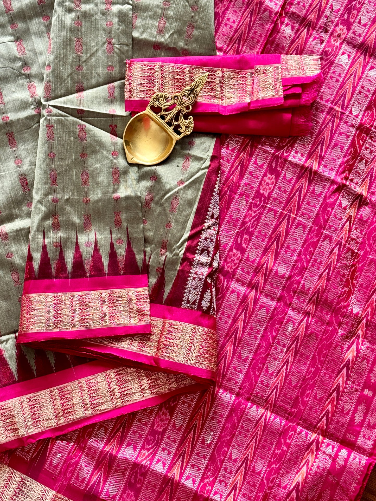 Grey with pink Hajar buti Sambalpuri Ikat pure silk Saree from Odisha Weaves