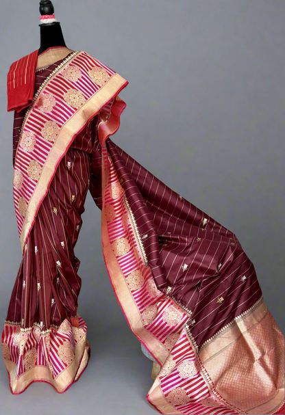 Maroon Luxurious Banarasi pure Katan Silk Saree with Rangkat Border