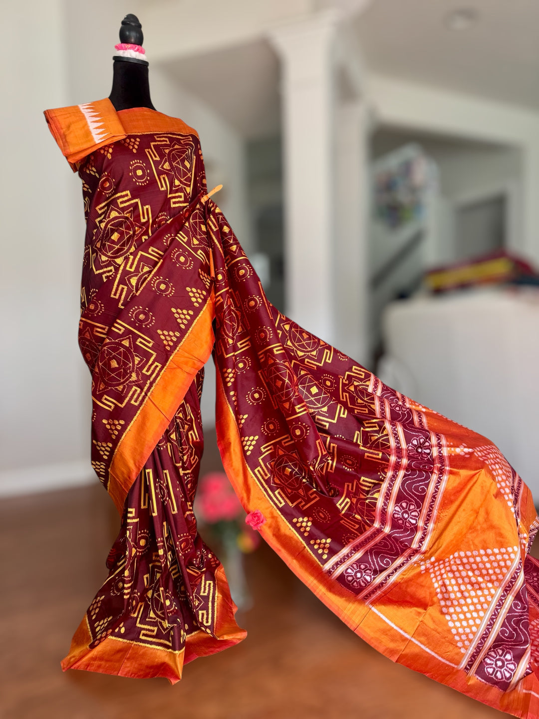 Maroon with yellow color handwoven ikat pure silk saree|Odisha Weaves|Contemporary Ikat|