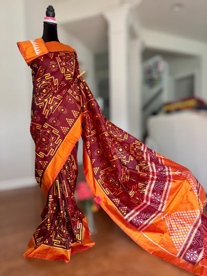 Maroon with yellow color handwoven ikat pure silk saree|Odisha Weaves|Contemporary Ikat|