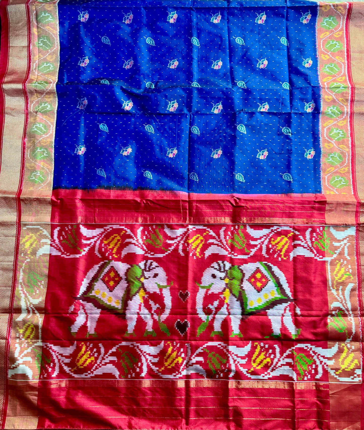 Elephant Pallu night blue with red combination Pochampally ikat pure silk saree