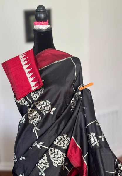 Black color fish motif handwoven ikat pure silk saree|Odisha Weaves|Contemporary Ikat|Antara