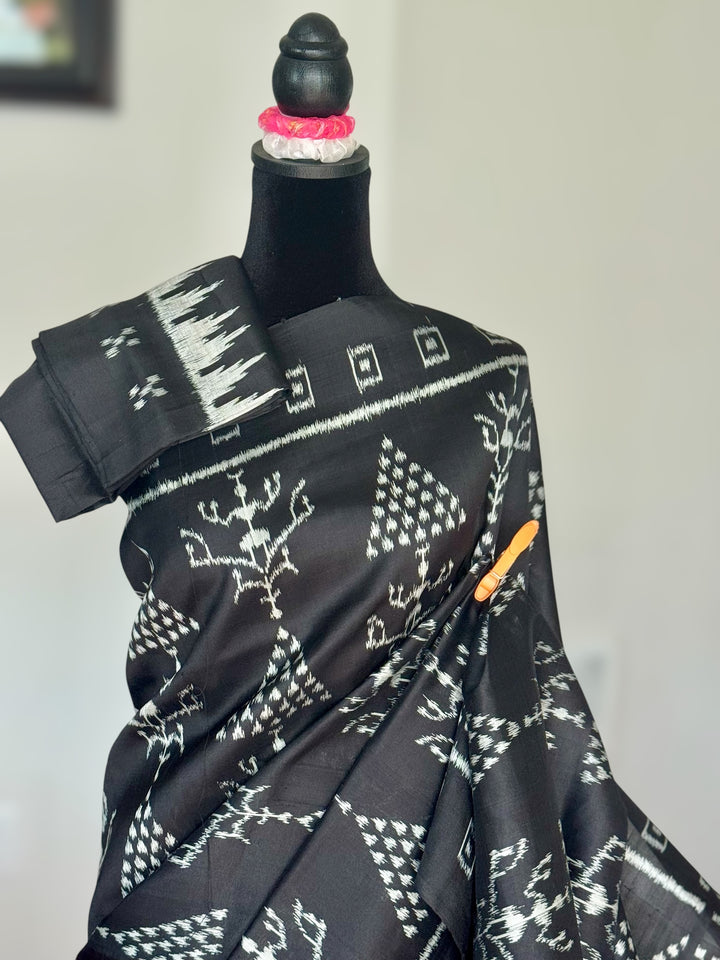 Handwoven Black contemporary ikat Silk Saree from Odisha|Mishrita