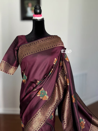 Plum color designer weaved and textured saree with stitched blouse| Value Vogue