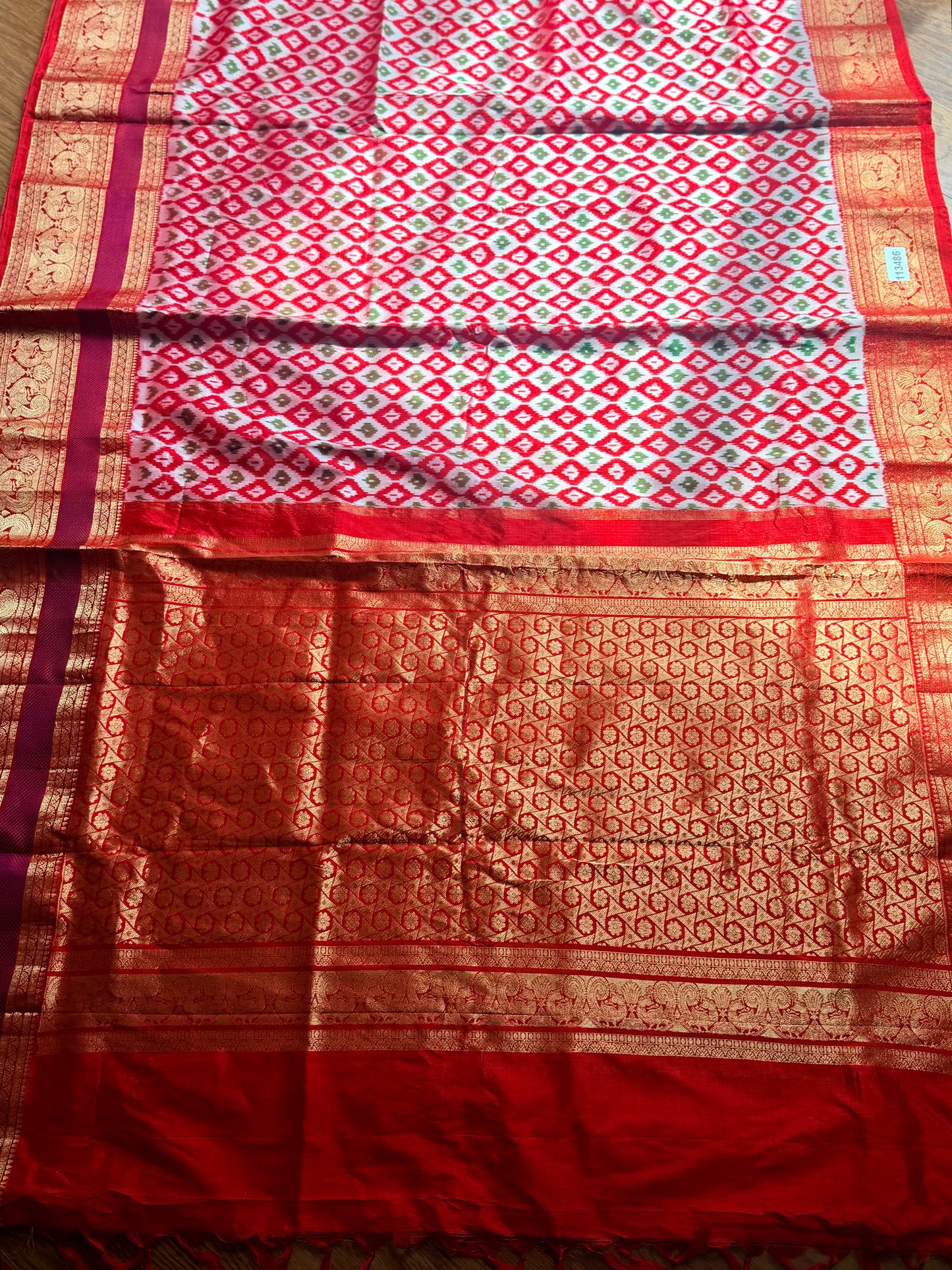 Red Twill Ikkat (Pochampally)handwoven pure silk Saree with Zari Woven Kanchipuram Border
