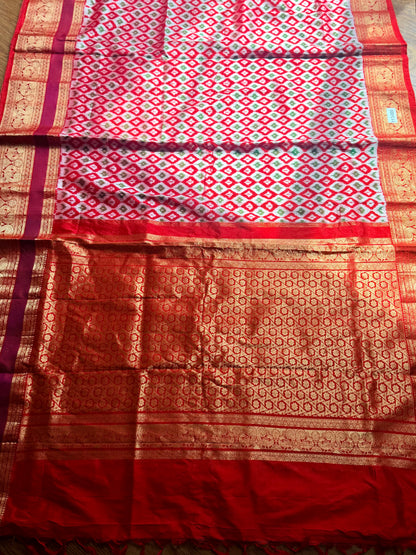 Red Twill Ikkat (Pochampally)handwoven pure silk Saree with Zari Woven Kanchipuram Border