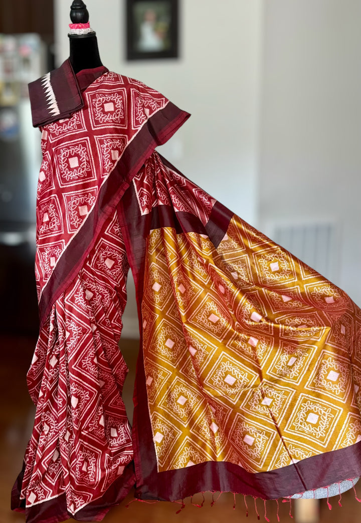 High quality contemporary Ikat Pure silk saree in light rust red