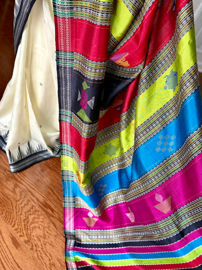 Off-white color traditional weaving Berhampuri colorful double pallu Pure Silk Saree