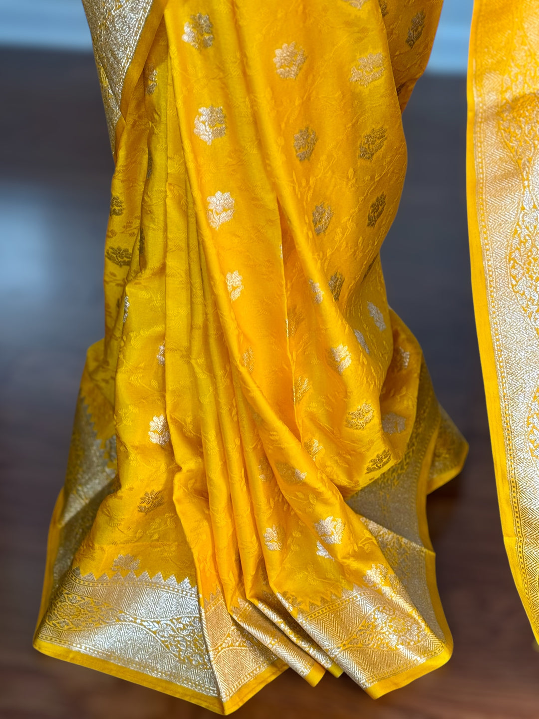 Banarasi Semi Mashru Silk Yellow color Saree|Value Vogue