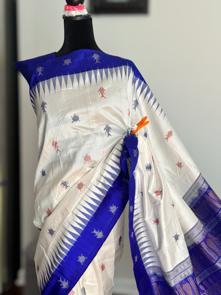 White and Blue combination exquisite piece of Bomkai Pure Silk Saree