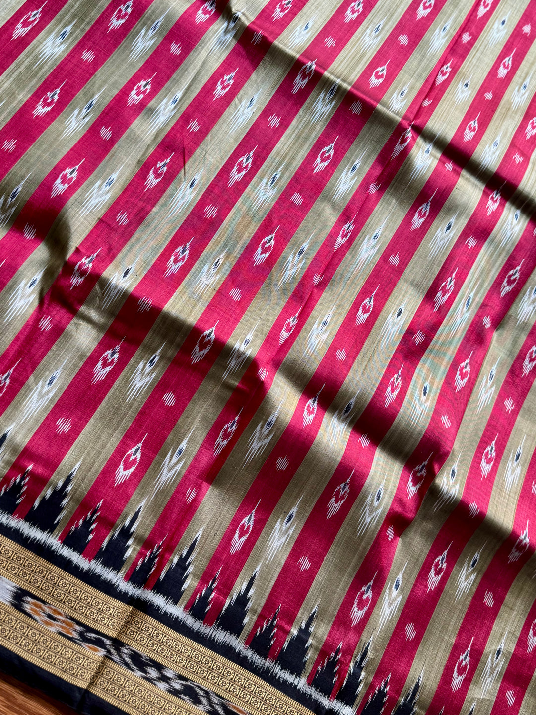 Maroon Beige Chandrika in striped body Contemporary Ikat Pure Silk Saree|Odisha Weaves|Mishrita