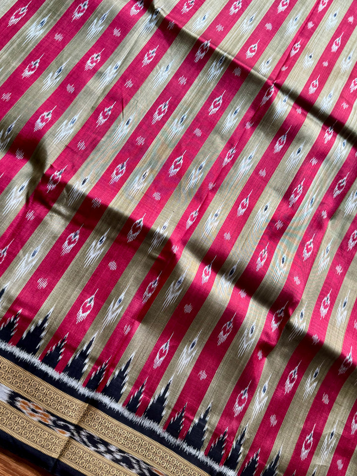 Maroon Beige Chandrika in striped body Contemporary Ikat Pure Silk Saree|Odisha Weaves|Mishrita