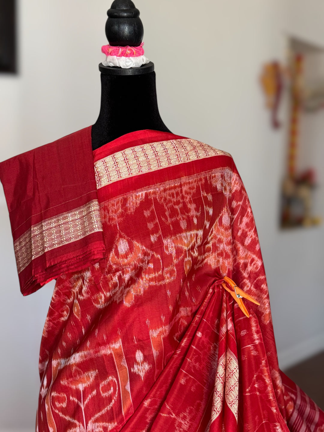 Dark Coral Red handwoven Sambalpuri Ikat Silk saree |Odisha Weaves