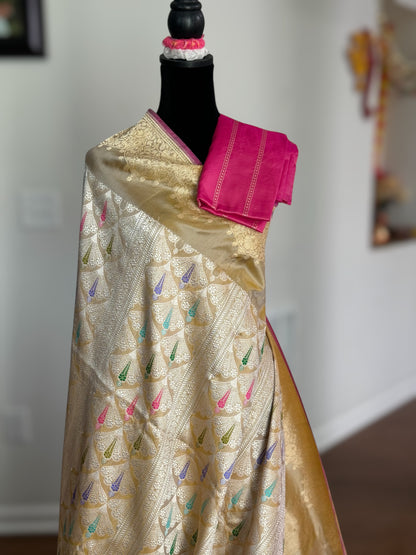 Champagne Color Banarasi ektara weaved pure katan silk saree with Kadhwa Janngla and meenakari work