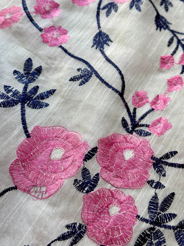 White color Linen muslin silk saree with embroidery work and stitched blouse| Value Vogue