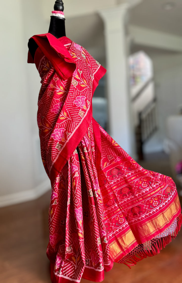 Red color semi (double) ikat patan Patola pure silk saree