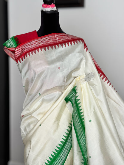 Red and Green Ganga Jamuna Berhampuri pure silk single pallu pure silk saree in white