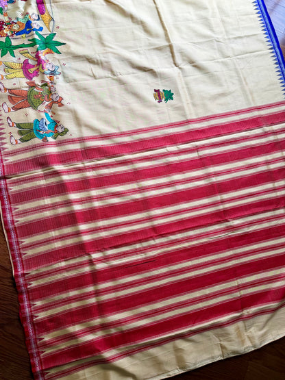 Warm pale yellow Odia Vivaha Pattachitra Berhampuri Pure Silk Saree – Ganga Jamuna Border