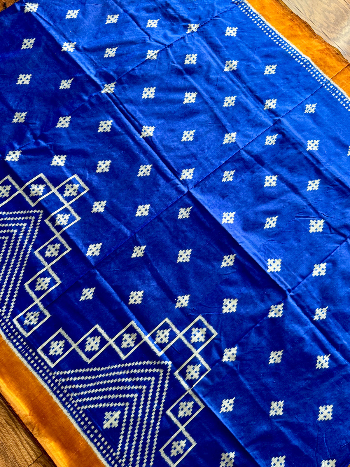 Blue with orange color handwoven ikat pure silk saree|Odisha Weaves|Contemporary Ikat|Antara