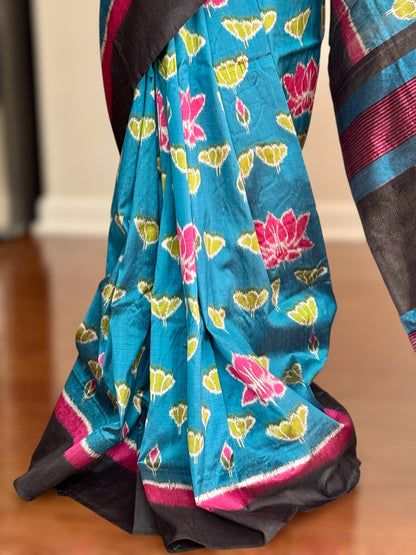 Lotus theme handwoven ikat pure silk saree|Odisha Weaves|Contemporary Ikat|