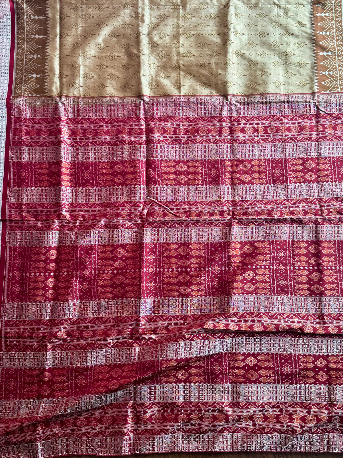 Golden baige and maroon-ish red handwoven Sambalpuri pure Ikkat silk saree | Odisha Weaves